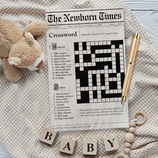 Niedliches Newspaper Baby Dusche Crossword Puzzle  (The Newborn Times cute newspaper theme baby shower baby words crossword puzzle game card, black)