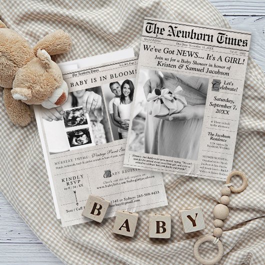 Niedliches Newspaper Foto Girl Baby Shower Einladu Einladung