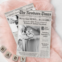 Niedliches Newspaper Foto Girl Baby Shower Einladu