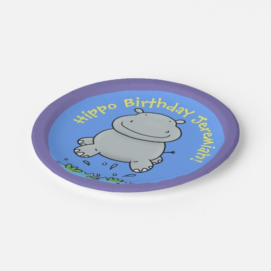 Niedliches Nilpferd personalisierter Geburtstag Ca Pappteller (Schrägansicht)