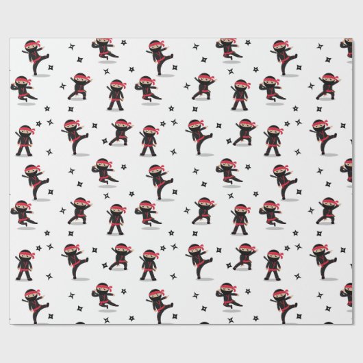 Niedliches Ninja Warrior Kids Black & Red Pattern Geschenkpapier (Flach)