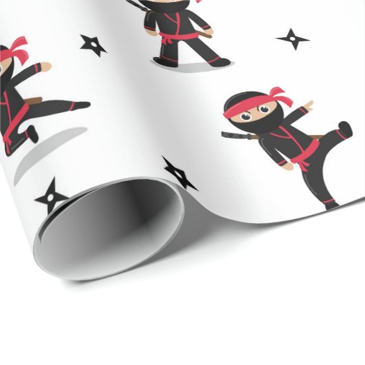 Niedliches Ninja Warrior Kids Black & Red Pattern Geschenkpapier (Rolleneckpunkt)