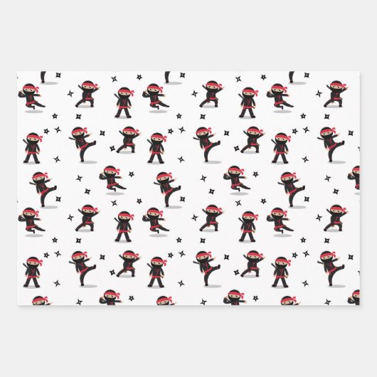 Niedliches Ninja Warrior Kids Black & Red Pattern Geschenkpapier Set (Vorderseite)