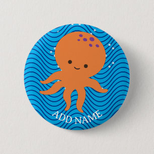 Niedliches Octopus Cartoon Blue Waves Muster Button