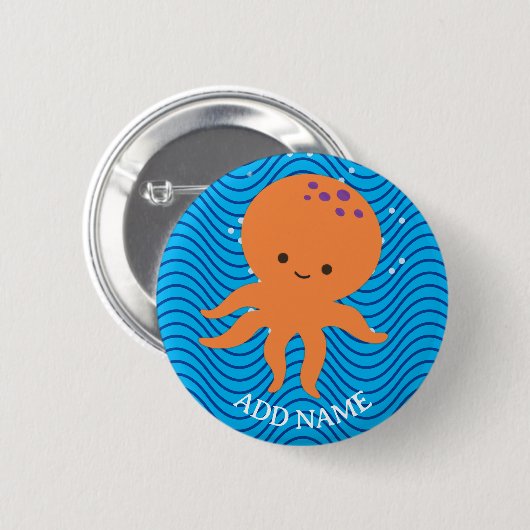 Niedliches Octopus Cartoon Blue Waves Muster Button (Vorne & Hinten)