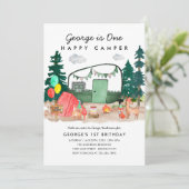 Niedliches One Happy Camper Forest Camping 1. Gebu Einladung (Stehend Vorderseite)