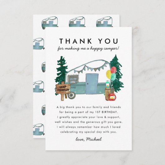 Niedliches One Happy Camper Trees Camping 1. Gebur Dankeskarte (Vorne/Hinten)