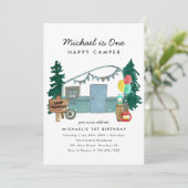 Niedliches One Happy Camper Trees Camping 1. Gebur Einladung (Stehend Vorderseite)