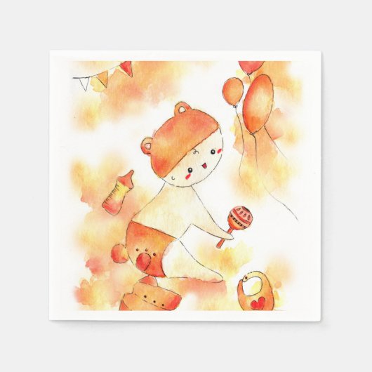 Niedliches Orange Baby Bear & Toys Wasserfarben Pa Serviette (Vorderseite)