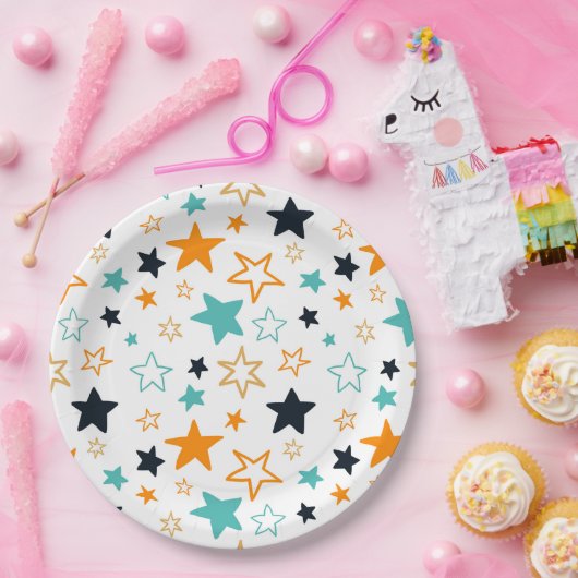 Niedliches Orange Black Aquamarin Stars Pattern Ki Pappteller (Party)