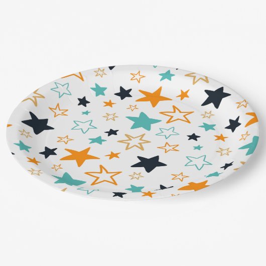 Niedliches Orange Black Aquamarin Stars Pattern Ki Pappteller (Schrägansicht)