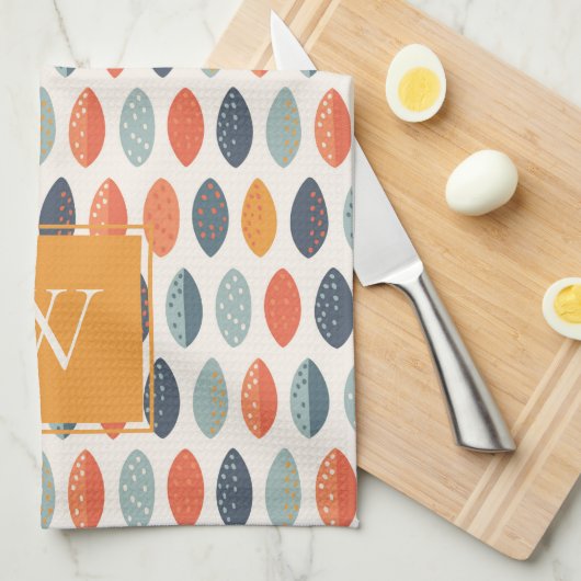 Niedliches Orange Blue Leafy Botanisches Monogramm Geschirrtuch (Viertel Falte)