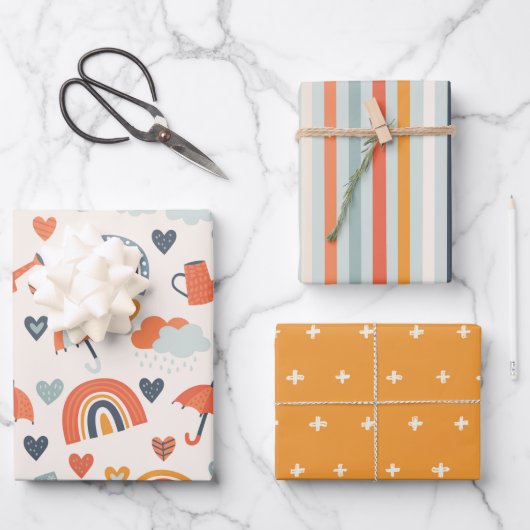 Niedliches Orange Blue Spring Rainbow Clouds Muste Geschenkpapier Set (Vorderseite)