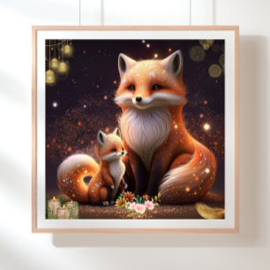 Niedliches Orange Fox Mama & Baby Art Kinderzimmer Poster