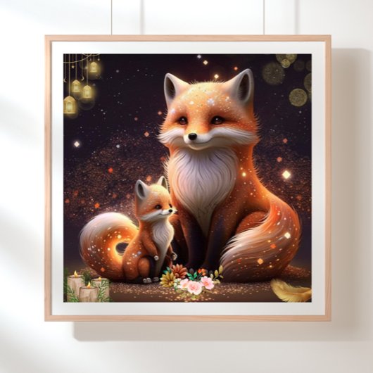 Niedliches Orange Fox Mama & Baby Art Kinderzimmer Poster