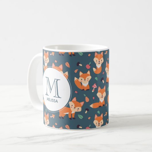 Niedliches Orange Fox Tiermuster Monogramm Kaffeetasse (Vorderseite Links)