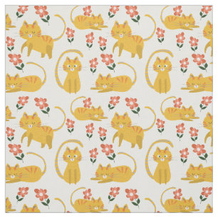Niedliches Orange Tabby Cat Floral Repetiermuster Stoff
