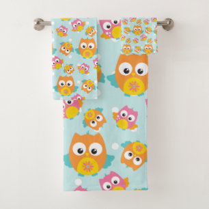 Niedliches Orange- und Rosa Owl Muster Badhandtuch Set