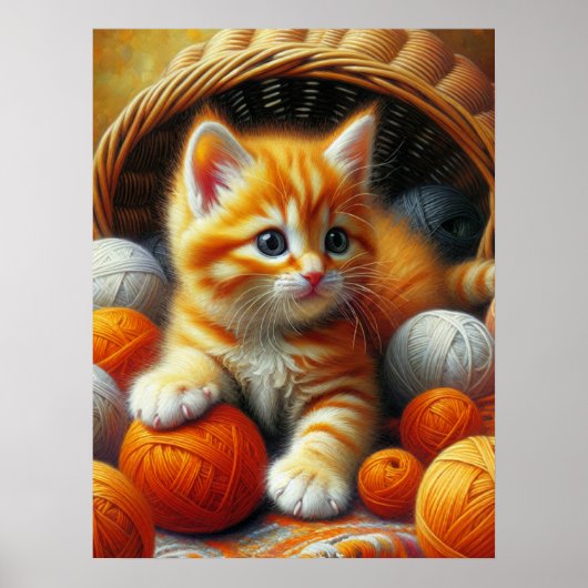 Niedliches Orange- und White Kitten-Spiel im Garn Poster (Vorne)