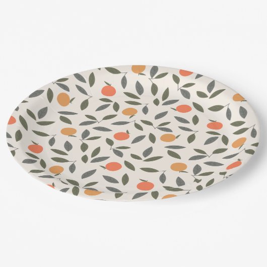 Niedliches Orangen- und Blätter-Muster Pappteller (Schrägansicht)