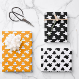Niedliches Orangen- und Schwarzwurf-Halloween Geschenkpapier Set