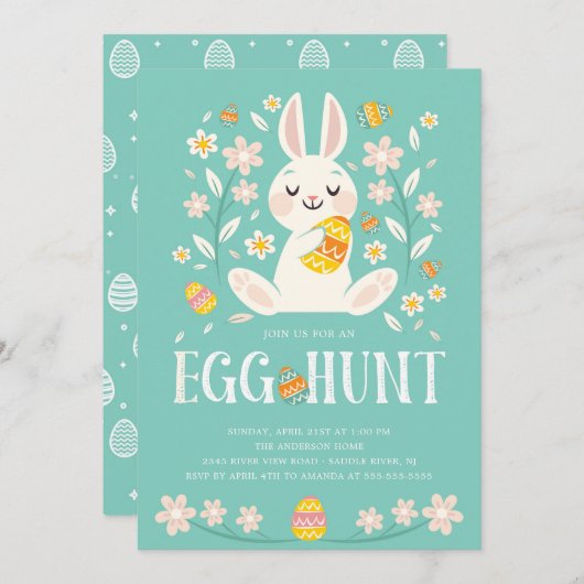 Niedliches Osterhasen-Osterei-Jagd-Party Einladung (Vorne/Hinten)
