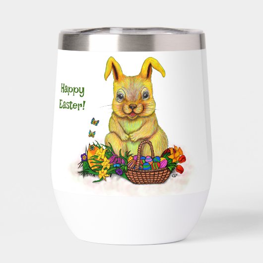 Niedliches Osterkaninchen mit Eiern und Blume (Rückseite)