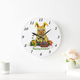 Niedliches Osterkaninchen mit Eiern und Blume Große Wanduhr
