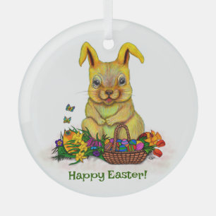 Niedliches Osterkaninchen mit Eiern und Blume Ornament Aus Glas