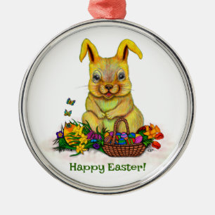 Niedliches Osterkaninchen mit Eiern und Blume Ornament Aus Metall