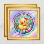 Niedliches Osterküken, Blume und bunte Eier Einladung (Vorne/Hinten)