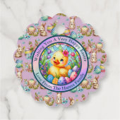 Niedliches Osterküken, Blume und bunte Eier Geschenkanhänger (Rückseite)