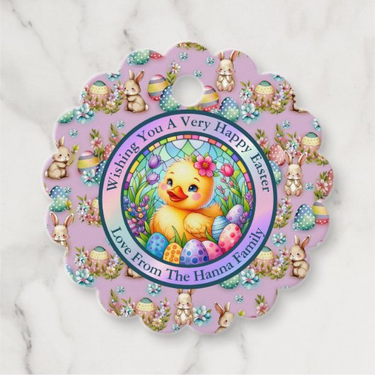 Niedliches Osterküken, Blume und bunte Eier Geschenkanhänger (Vorderseite)