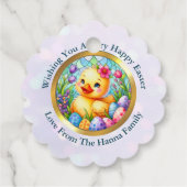 Niedliches Osterküken, Blume und bunte Eier Geschenkanhänger (Rückseite)