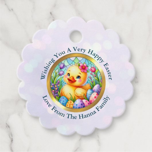 Niedliches Osterküken, Blume und bunte Eier Geschenkanhänger (Vorderseite)