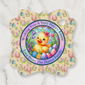 Niedliches Osterküken, Blume und bunte Eier Geschenkanhänger (Rückseite)