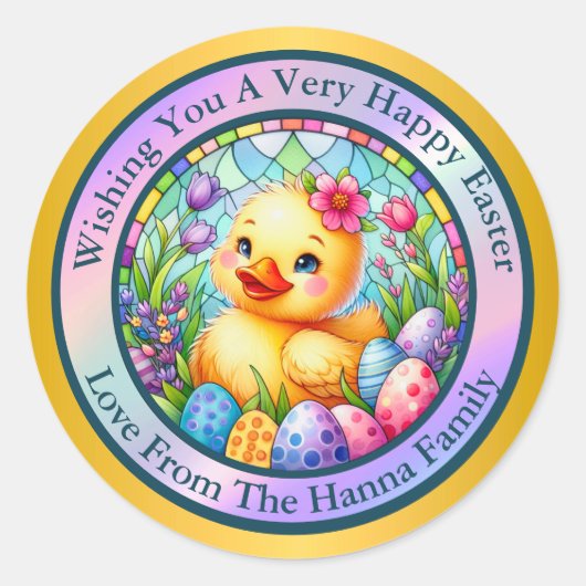 Niedliches Osterküken, Blume und bunte Eier Runder Aufkleber (Vorderseite)