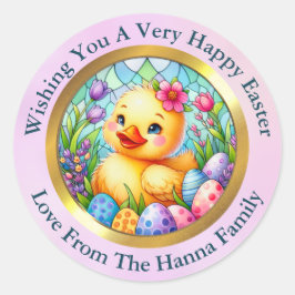 Niedliches Osterküken, Blume und bunte Eier Runder Aufkleber