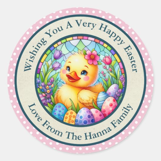 Niedliches Osterküken, Blume und bunte Eier Runder Aufkleber (Vorderseite)