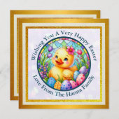 Niedliches Osterküken, Blume und bunte Eier Save The Date (Vorne/Hinten)