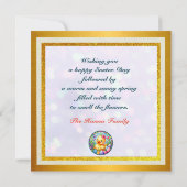 Niedliches Osterküken, Blume und bunte Eier Save The Date (Rückseite)