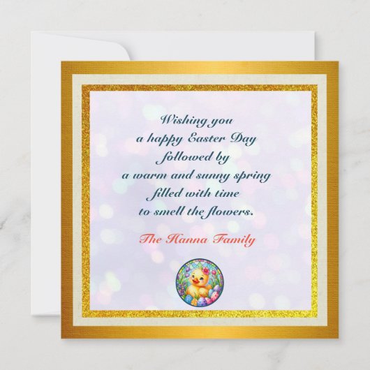 Niedliches Osterküken, Blume und bunte Eier Save The Date (Rückseite)