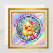 Niedliches Osterküken, Blume und bunte Eier Save The Date (Vorne/Hinten)