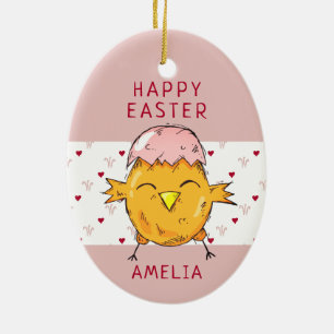 Niedliches Osterküken mit Eierschalen-Herz Frohe O Keramik Ornament