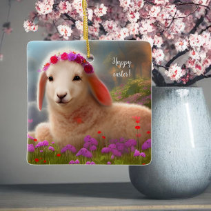 Niedliches Osterlamm mit Blume - Ostern Keramikornament