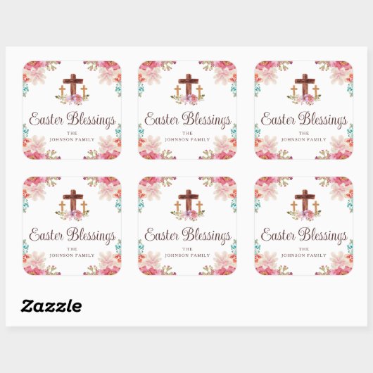 Niedliches Ostersegen Blumenkreuz Quadratischer Aufkleber (Blatt)