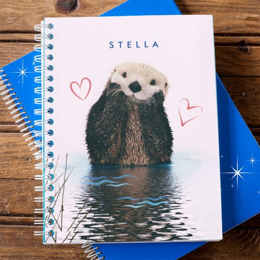 Niedliches Otter im Teich mit rosa Hintergrund und Notizblock