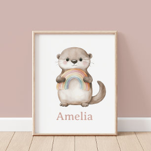 Niedliches Otter mit einer Rainbow-Babynamenwand,  Poster