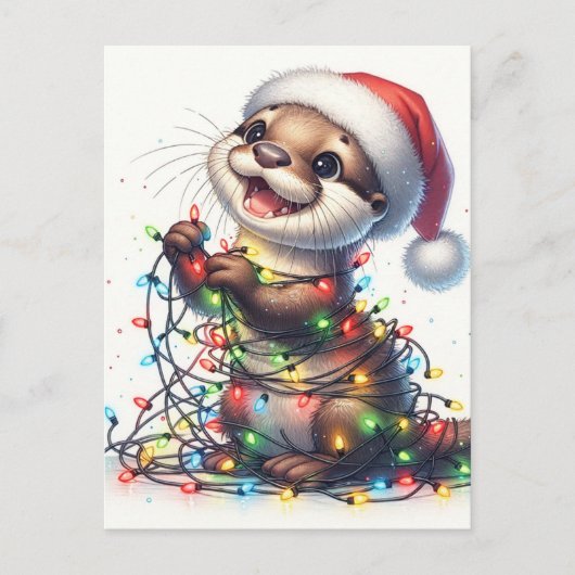 Niedliches Otter mit Weihnachtsbeleuchtung Postkarte (Vorderseite)