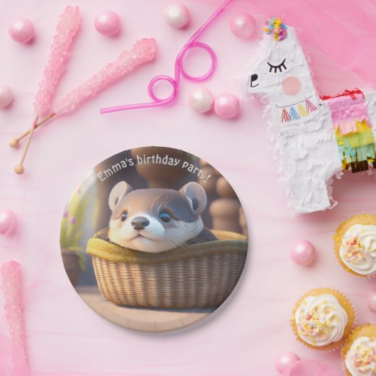 Niedliches Otterbaby in einem Korb - personalisier Pappteller (Party)